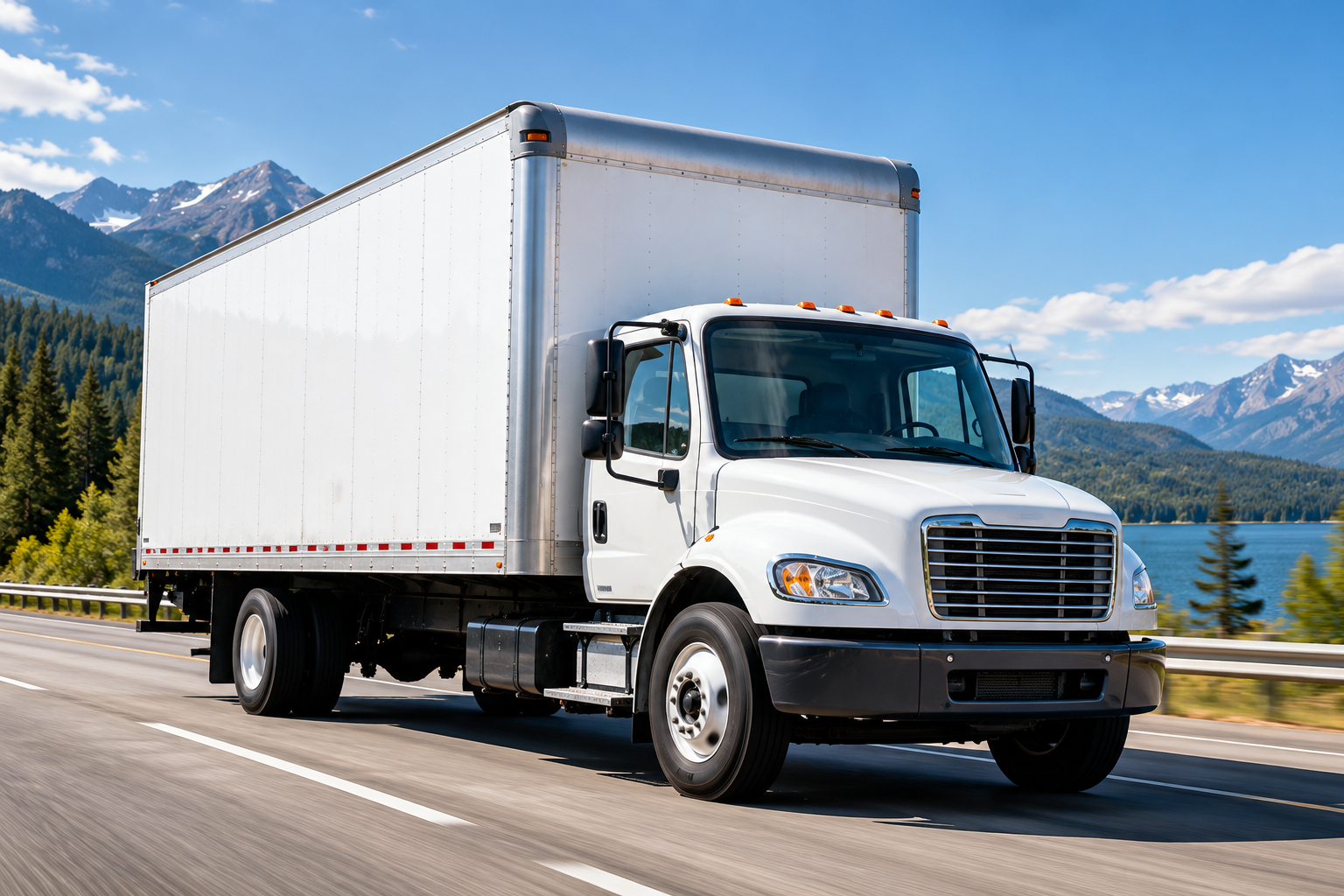 White box truck traveling on a mountain highway