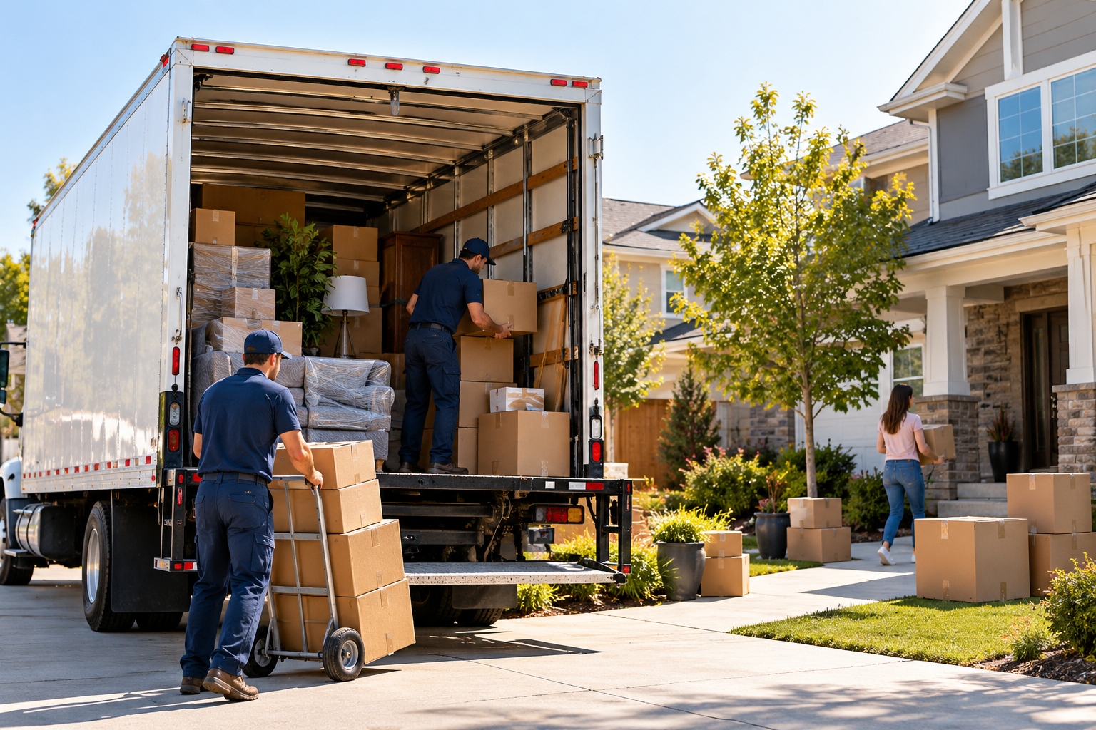 Moving truck being loaded at a suburban home