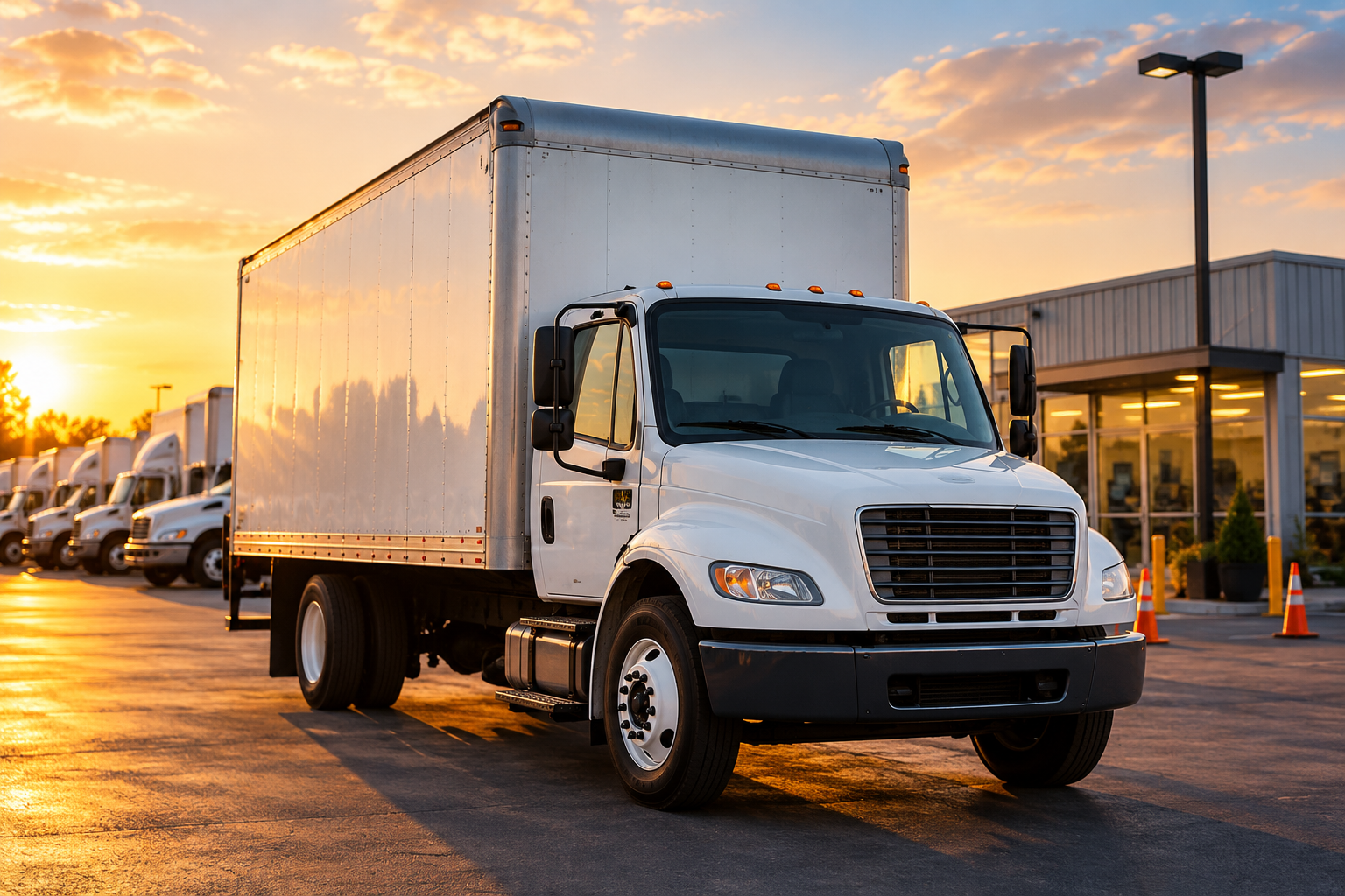 Truck rental lot at sunset