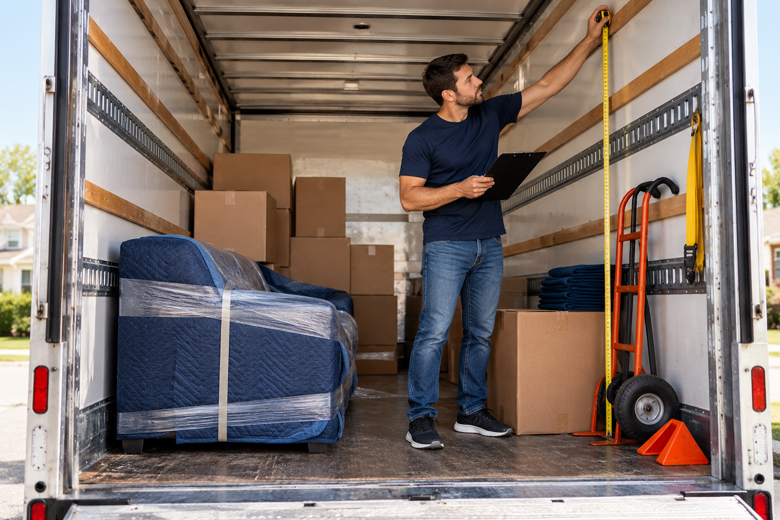 Person measuring the cargo space inside a moving truck